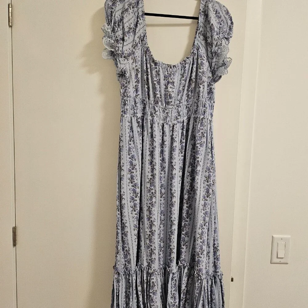 Smocked Square Neck Puff Sleeve Maxi Dress - Light Blue - Picture 4 of 5